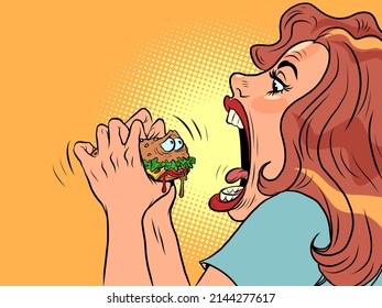 Woman bites cute burger character in restaurant, Fast food humor