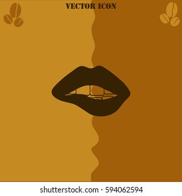 Woman biting her lips vector  icon Coffee symbol background.