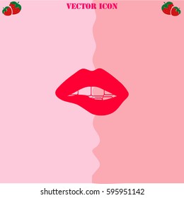 Woman biting her lips vector  icon. Strawberry Background.