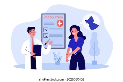 Woman bitten by dog getting injection to prevent disease. Worried female character consulting doctor flat vector illustration. Vaccination, rabies concept for banner, website design or landing page