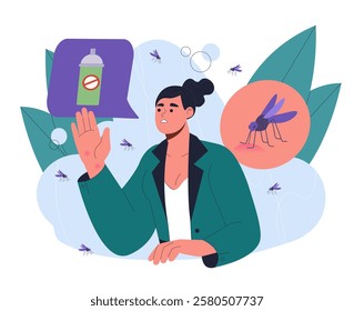 Woman bitten by mosquitoes. Young girl suffer from insects. Repellent for skin protection. Painful and itchy bites. Discomfort and irritation. Flat vector illustration