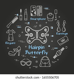 Woman Black Accessories Concept with Red Hairpin Butterfly Icon