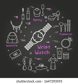 Woman Black Accessories Concept with Wrist Watch Icon