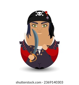 A woman in a black bandana and a pirate costume with a saber in her hand. A female pirate. Design tilting toy. Modern kawaii dolls for your business project. Flat vector