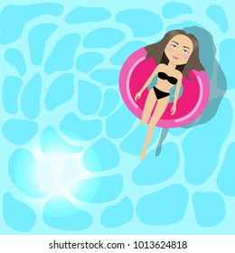 Woman in black bikini relaxing in clear swimming pool water, with shadow from top view. Flat vector.