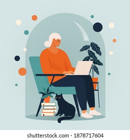 Woman with black cat siting in a chair and working online at home illustration. Social distancing and self-isolation during corona virus quarantine.