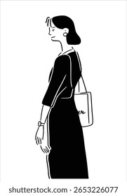 A woman in a black dress carrying a tote bag, standing and looking over her shoulder with a smile. Minimalist line art illustration of a friendly character.