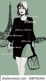 Woman in black dress carrying travel bag with the Eiffel tower on the background - vector illustration