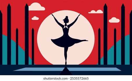 Una mujer con un vestido negro está bailando frente a un fondo rojo con una luna Grande. La Imagen tiene un sentimiento soñador y romántico, con los movimientos elegantes de la mujer y el entorno sereno de la luna