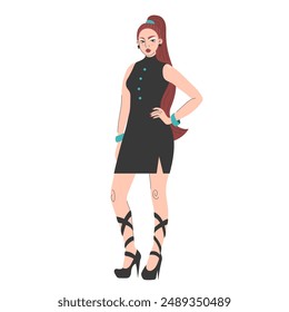 Woman in black dress and high heels standing vector isolated. Illustration of a beautiful female character with long red hair. Pretty girl, model posing.