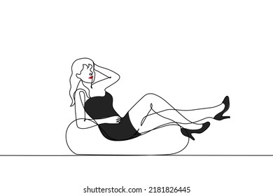 woman in black dress lies - one line drawing vector. concept beautiful woman with red lipstick on her lips and flowing hair in a black dress and shoes seductively lies in a chair