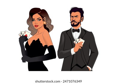 Woman in black dress and man in classic suite show cards. They pose isolated on white studio background. Gambling, vector illustration