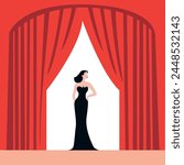 Woman in black dress on stage with red curtains in spotlight. Award winning, presenting, performing vector illustration concept