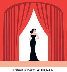 Woman in black dress on stage with red curtains in spotlight. Award winning, presenting, performing vector illustration concept