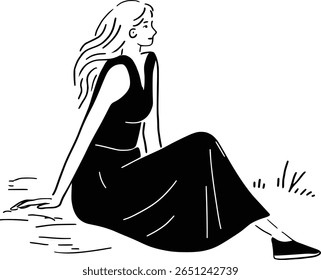 A woman in a black dress relaxing while sitting on the grass in a park. Minimalist line art illustration of a peaceful outdoor moment.