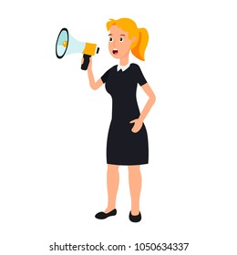 A woman in a black dress is talking through a loudspeaker. Businesswoman speak to megaphone. Vigorous speech, yelling, protest or rally. Leadership speech. Flat vector illustration. Isolated on white.