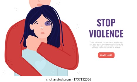 Woman with black eye in hands of man. Aggressor holds tightly scared girl. Concept is for crisis help center or for advocacy for women's rights. Landing page, poster, banner, brochure, . Vector, eps10