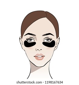 Woman with black eye patch. Beauty treatment. Skin care routine. Beautiful young woman face. Fashion woman. Stylish portrait beautiful young girl model. Sketch. Vector illustration. Spa beauty concept
