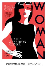 Woman in black. Fashion girl with long hair wearing sunglasses. Woman magazine cover design. Vector illustration