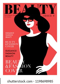 Woman in black. Fashion girl wearing big hat. Woman magazine cover design. Vector illustration