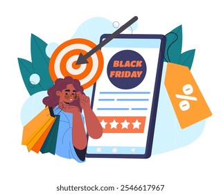 Woman with black friday. Young girl near smartphone. Discounts and promotions, sale, special limited offer. Trendy woman with shopping bags. Flat vector illustration isolated on white background