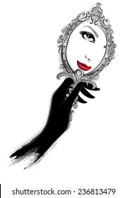 Woman and black gloves looking at mirror    Vector illustration