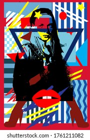 Woman in black, graffiti pop art, zigzag, stripes, stars and cocktail glasses. Modern color abstract background