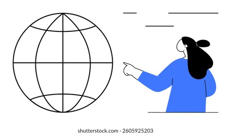 A woman with black hair and a blue shirt points towards a globe. Ideal for themes of global connectivity, geographic navigation, education, virtual learning, and international communication. Simple