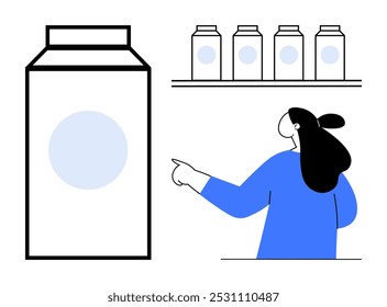 Woman with black hair and blue sweater pointing at milk cartons on shelf with large milk carton on left. Ideal for retail, grocery shopping, product choice, consumer behavior, marketing