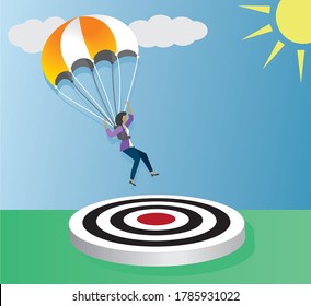 Woman With Black Hair And Dark Skin In Parachute. Concept With People With Different Orgins In Same Situation. Vector Illustration.