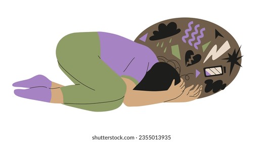 The woman with black hair is leaning over and crying, covering her face with her hands. Deadline, stress, emotional pressure. Vector illustration isolated on white background.