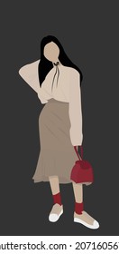 A woman with black hair in a light hoodie and a long gray skirt. Burgundy bag, socks and sneakers. Nice girl in modern clothes. Vector flat illustration. Design for avatars, templates.