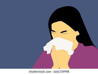 Woman with black hair and light skin, with eyes closed, sneezing on a white handkerchief, on a blue background.
