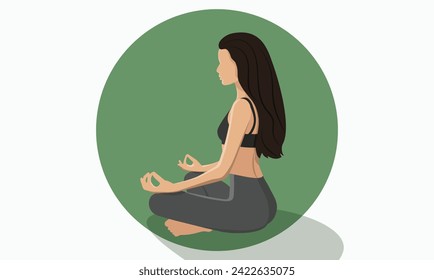 A woman with black hair meditates in the lotus position. Illustration of yoga, tranquil, meditation, relaxation, rest and healthy lifestyle. Character in flat style. Vector illustration EPS10