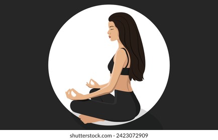 A woman with black hair meditates in the lotus position. Illustration of yoga, tranquil, meditation, relaxation, rest and healthy lifestyle. Character in flat style. Vector illustration EPS10