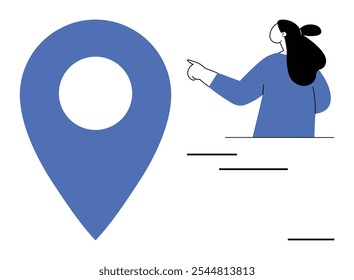 Mujer con el pelo negro que señala en un símbolo azul Grande del alfiler de la ubicación. Ideal para orientación de navegación, servicios basados en la ubicación, diseño de interfaz de usuario, aplicaciones de mapas y marketing relacionado con viajes