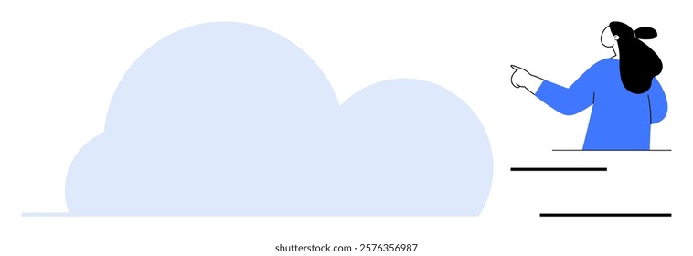 Woman with black hair pointing toward a large blue cloud shape. Minimalist style with simple lines. Ideal for technology, communication, cloud computing, weather, and networking themes