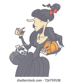 Woman with black hair and ponytail in witch Halloween costume, funny vector cartoon isolated on white background
