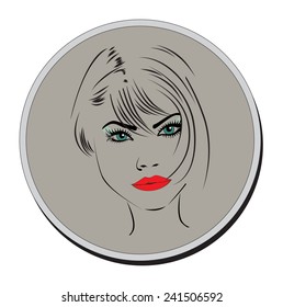 Woman with black hair, red lips and green eyes. Vector.
