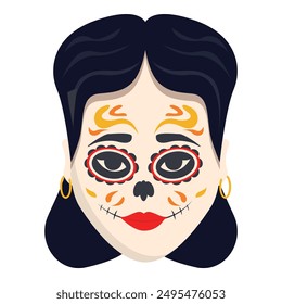 Woman with black hair and red lipstick wearing traditional calavera makeup for day of the dead