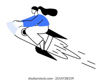 Woman with black hair riding a rocket while wearing a blue top and white pants. Ideal for business goals, startup ideas, personal growth, innovation, future. Simple flat vector style.