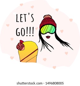 Woman with black hair snowboarding. Vector illustration in pop art retro style. Winter sports mountain vacation concept. Let´s go! Design poster, banner, t-shirt print, for snowbording school, vector