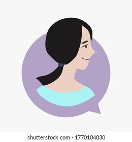 Woman with black hair in speak bubble. Chatting symbol for caucasian girl. Female profile avatar. Lady symbol for network. Face of young person for user. Social media vector illustration.