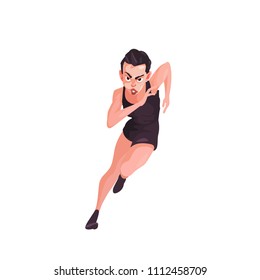 Woman with black hair and black sport suit running on white background