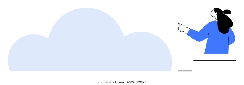 A woman with black hair, wearing a blue shirt, points at a large blue cloud. Minimalist style. Ideal for cloud computing, weather forecasting, data storage, internet services, digital communication