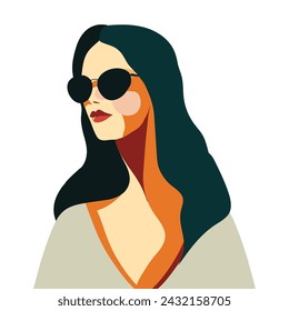 A woman with black  hair wearing sunglasses, vector art. Womens History Month. Women's day.