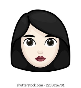 Woman with black hair. Wednesday concept. Large size of pale emoji face