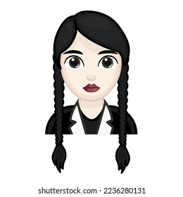 Woman with black hair. Wednesday concept. Large size of pale emoji face