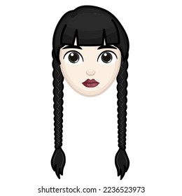 Woman with black hair. Wednesday concept. Large size of pale emoji face