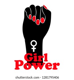 Woman Black Hand With Her Fist Raised Up. Girl Power. Women's Day Concept. Symbol Of Feminist Movement, Venus Symbol. Motivational Slogan. Vector Illustration.